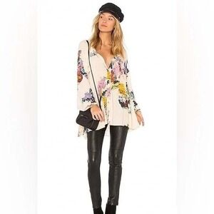Free People Meadow Lark Cream Floral Tunic Top Boho Oversized Small Cottagecore